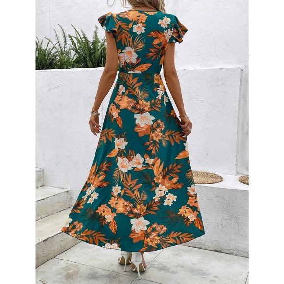 short sleeve high low Floral Print Ruffle Hem midi Dress - Picture 10 of 11